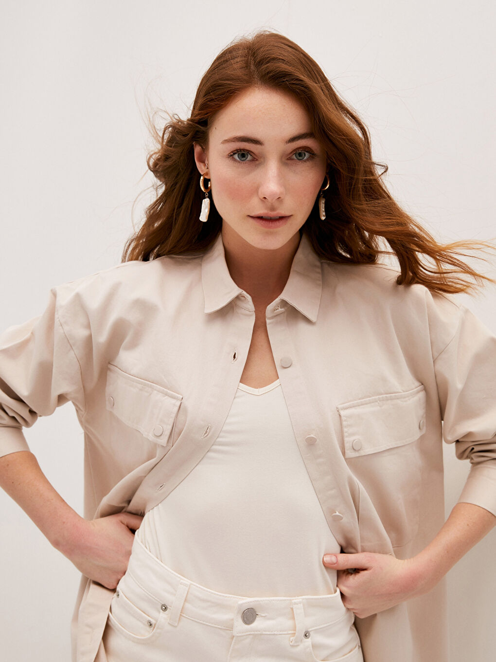 Bej Düz Uzun Kollu Kadın Gömlek Tunik-1