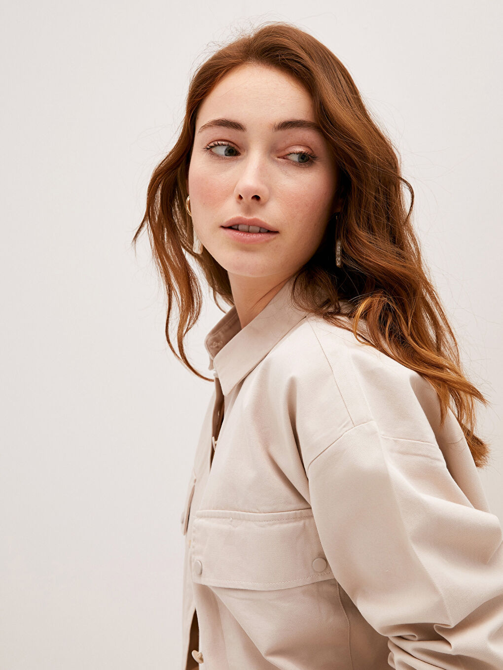 Bej Düz Uzun Kollu Kadın Gömlek Tunik-2