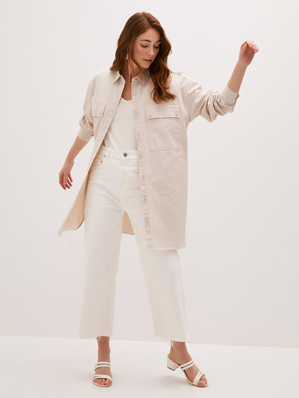 Bej Düz Uzun Kollu Kadın Gömlek Tunik-3