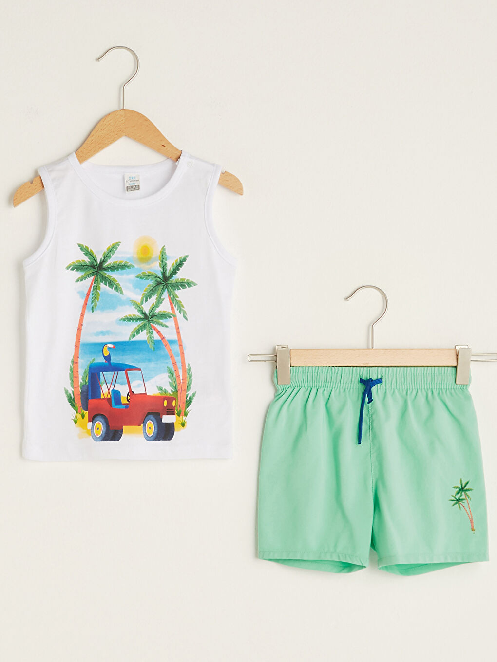 Crew Neck Printed Baby Boy Fishnet Detailed Swimming Suit