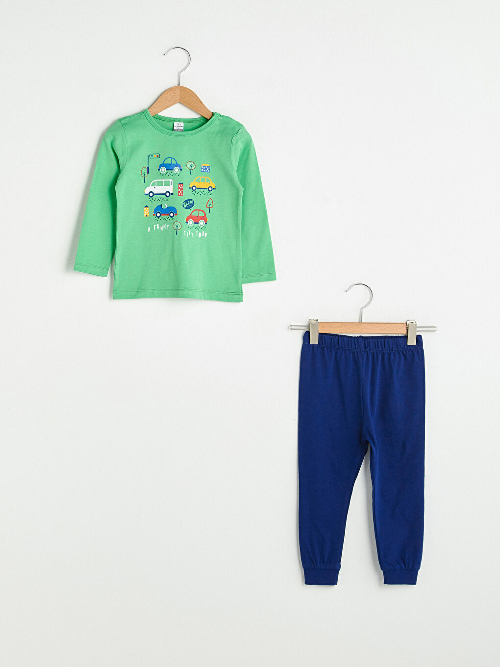 Yeşil Bisiklet Yaka Uzun Kol Baskılı Pamuklu Erkek Bebek Pijama Takımı