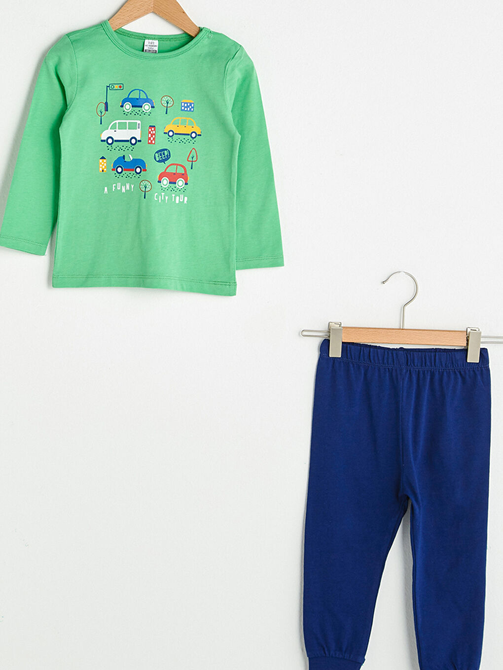 Yeşil Bisiklet Yaka Uzun Kol Baskılı Pamuklu Erkek Bebek Pijama Takımı-2