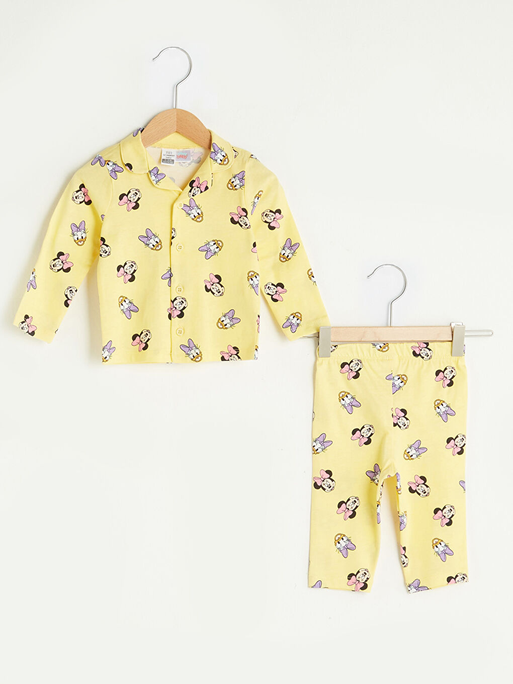 Sarı Gömlek Yaka Uzun Kollu Disney Baskılı Pamuklu Kız Bebek Pijama Takımı