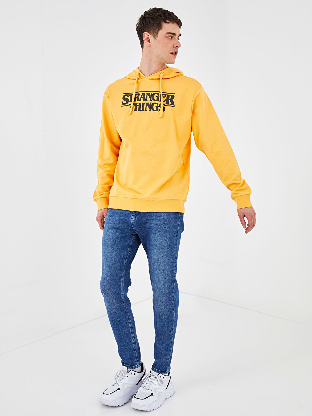 Sarı Uzun Kollu Stranger Things Baskılı Erkek Hoodie-3