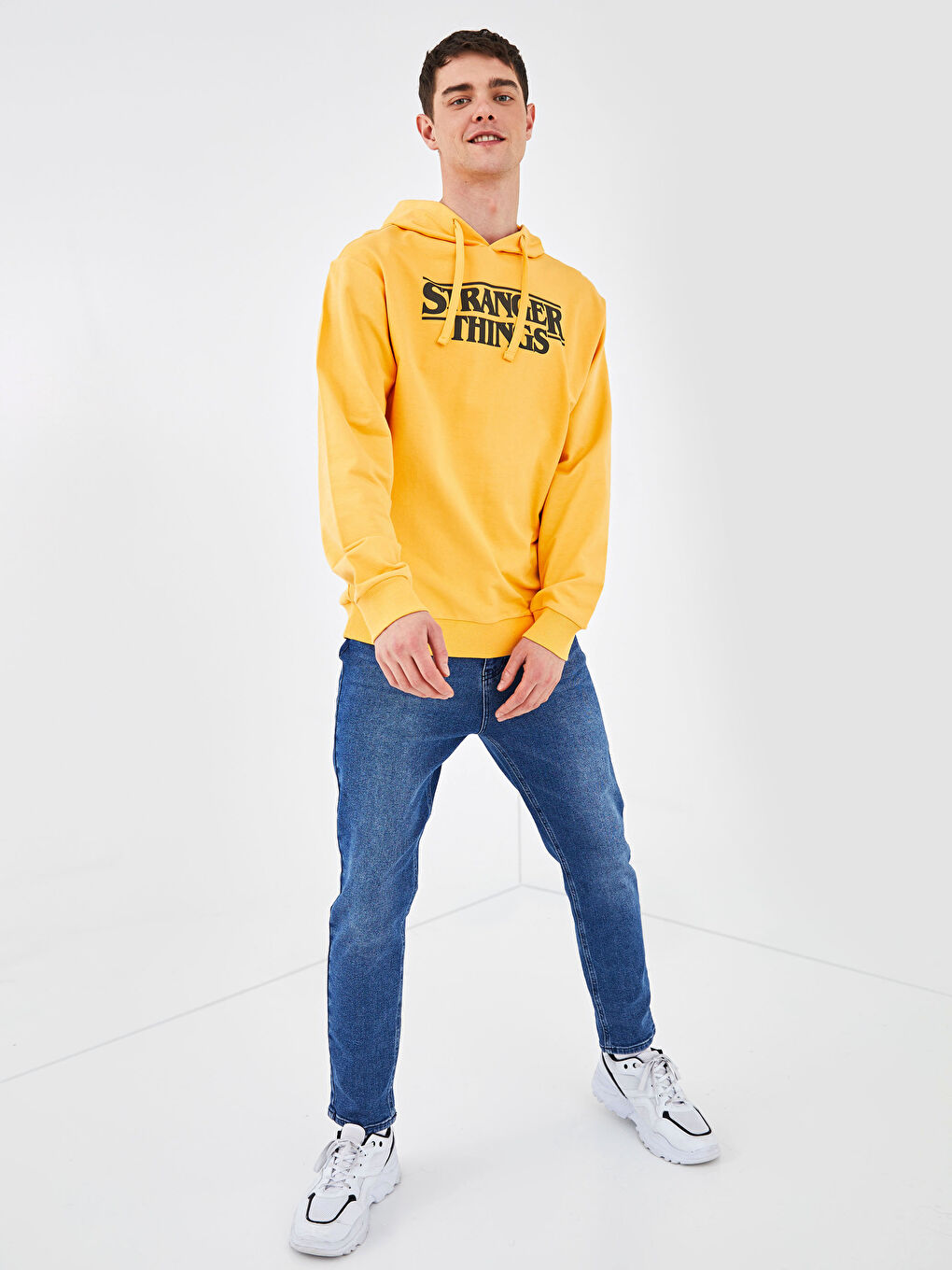 Sarı Uzun Kollu Stranger Things Baskılı Erkek Hoodie-4