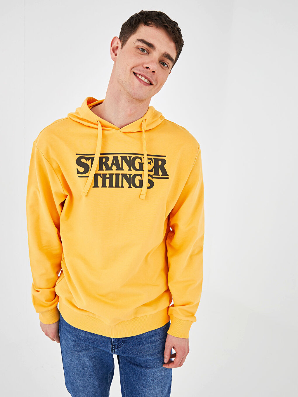 Sarı Uzun Kollu Stranger Things Baskılı Erkek Hoodie