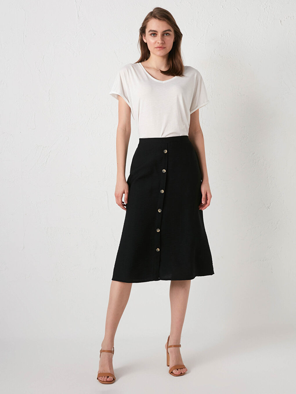 Jupe Femme à Taille Élastique avec Détails Boutons-1