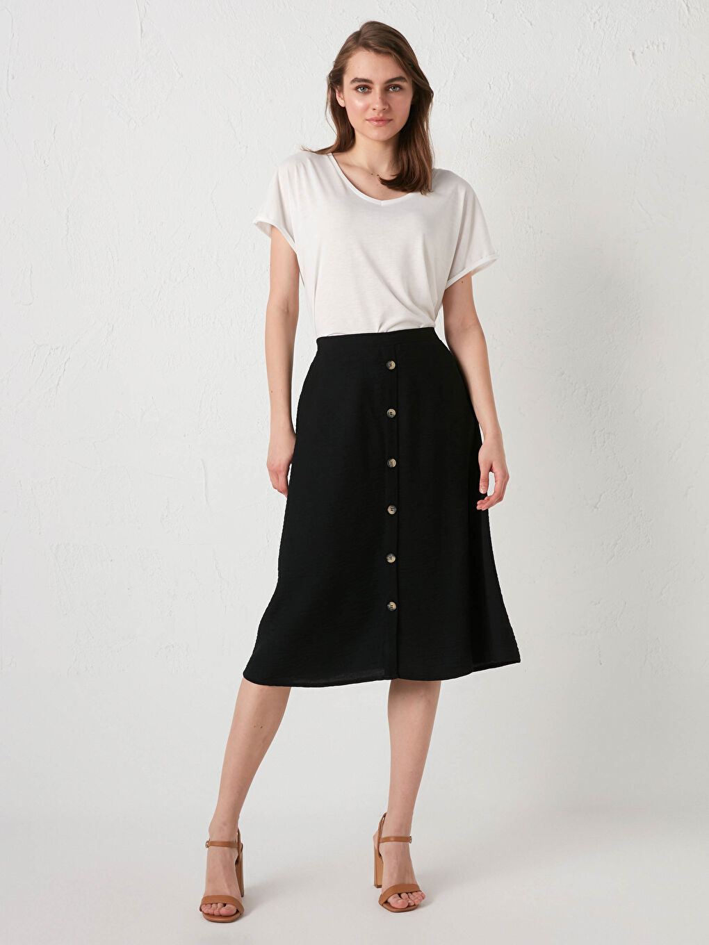 Jupe Femme à Taille Élastique avec Détails Boutons-2