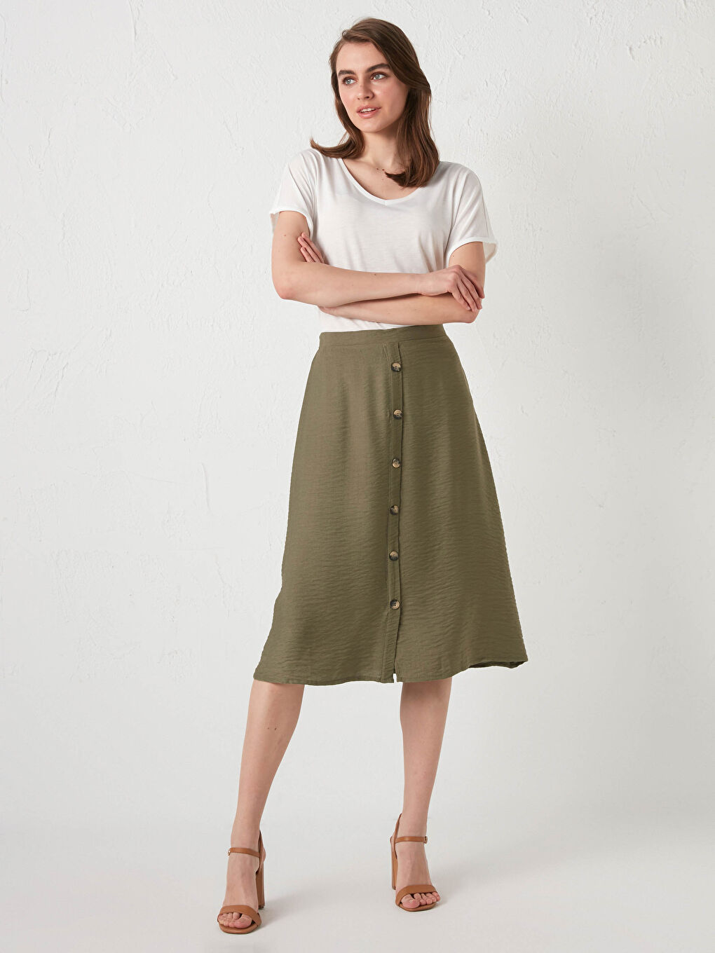 Jupe Femme à Taille Élastique avec Détails Boutons