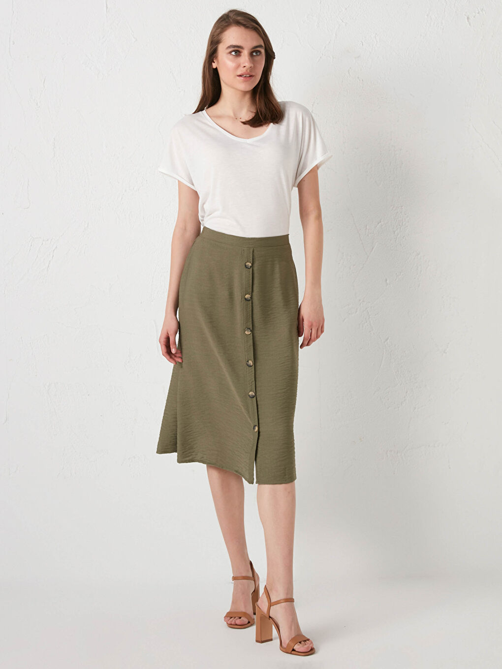 Jupe Femme à Taille Élastique avec Détails Boutons-1