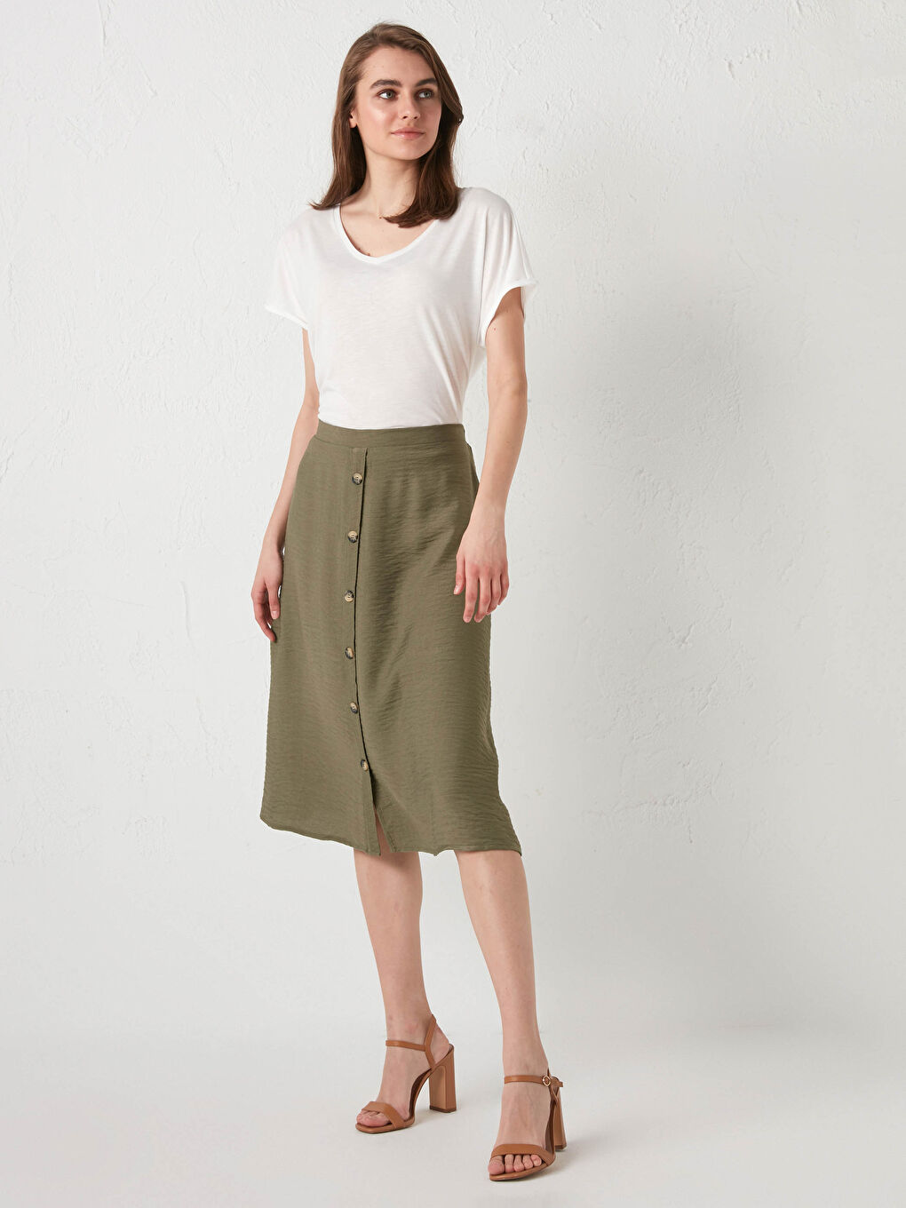 Jupe Femme à Taille Élastique avec Détails Boutons-2