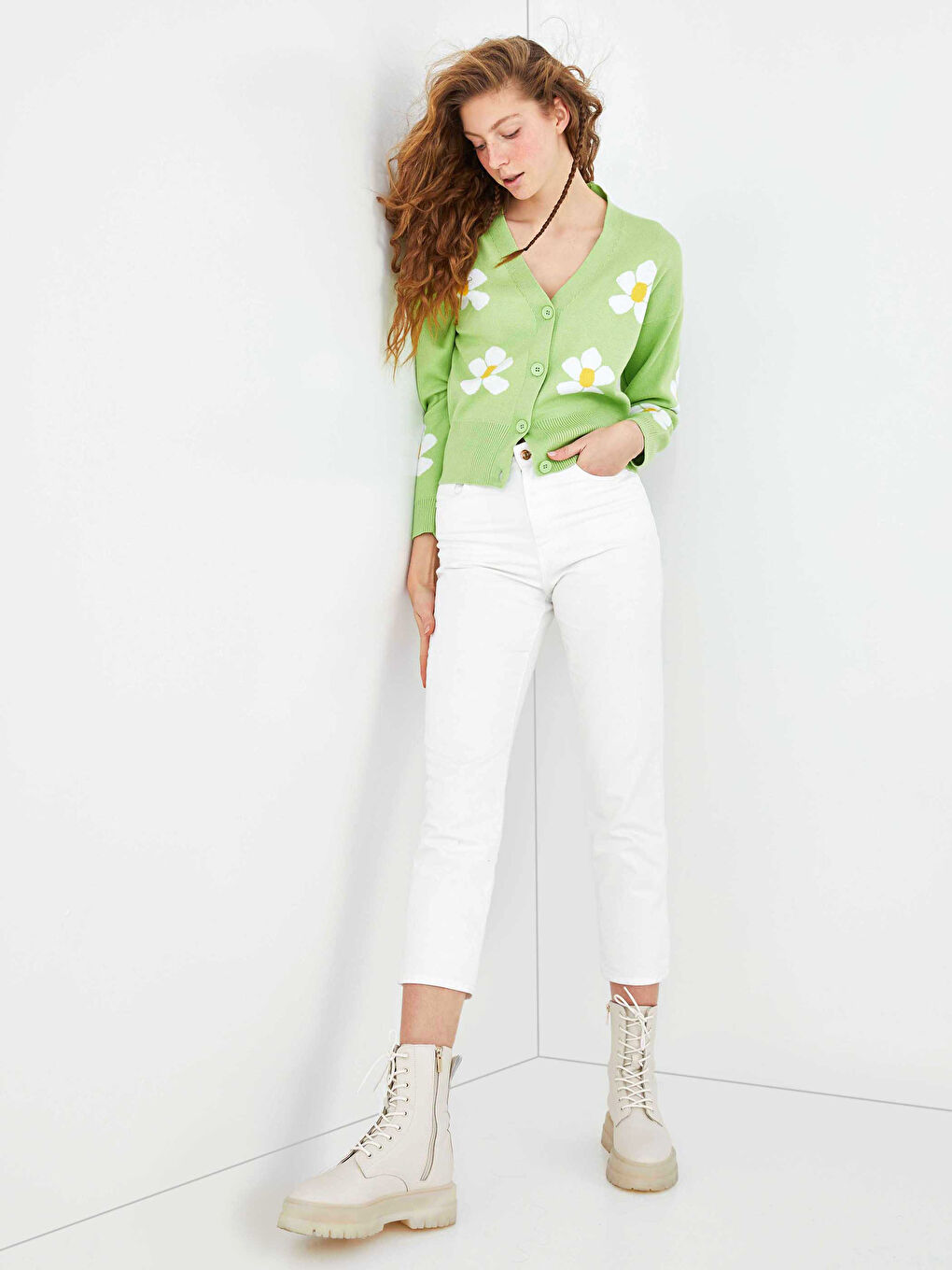 V Neck Patterned Women's Knitwear Cardigan-4