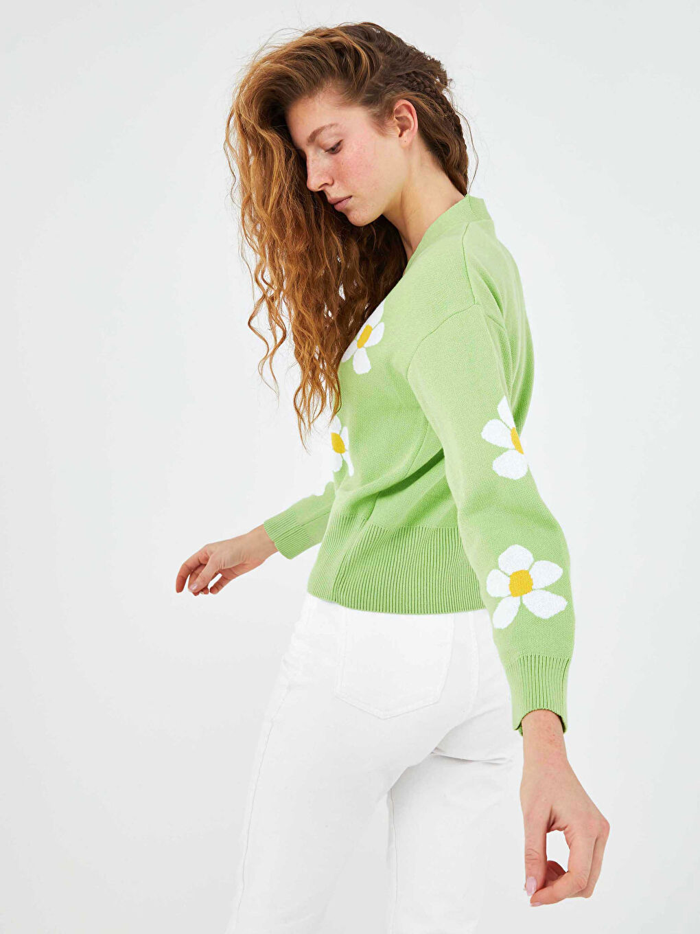 V Neck Patterned Women's Knitwear Cardigan-1