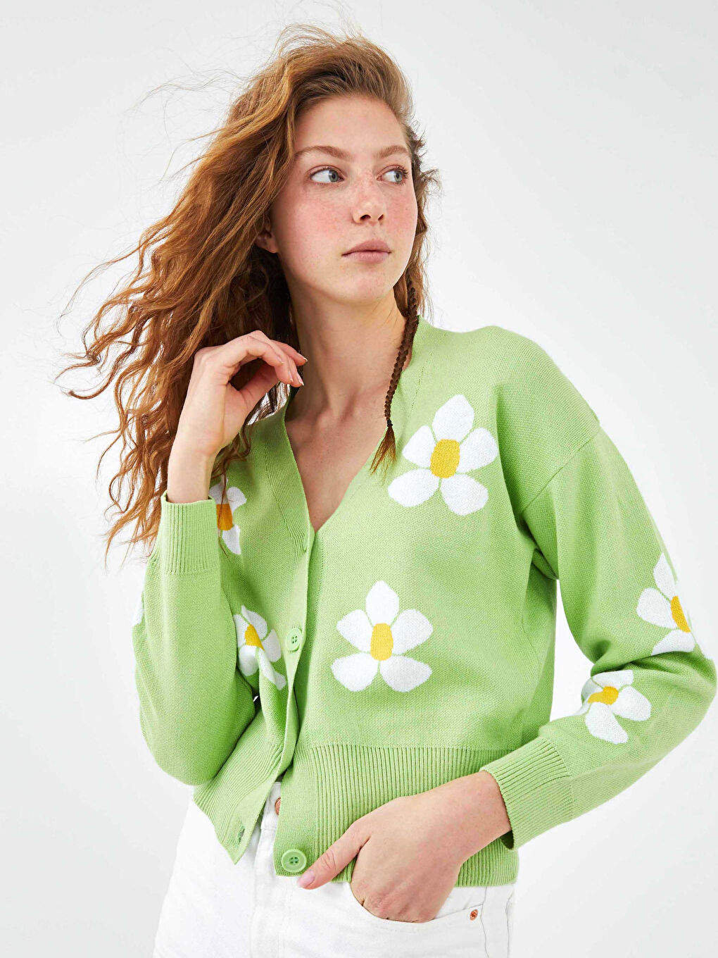 V Neck Patterned Women's Knitwear Cardigan-2