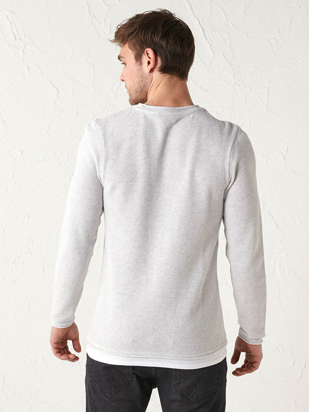 Beyaz Bisiklet Yaka Uzun Kollu İnce Erkek Triko Kazak-3