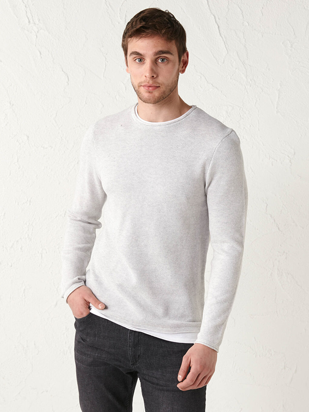 Beyaz Bisiklet Yaka Uzun Kollu İnce Erkek Triko Kazak-4