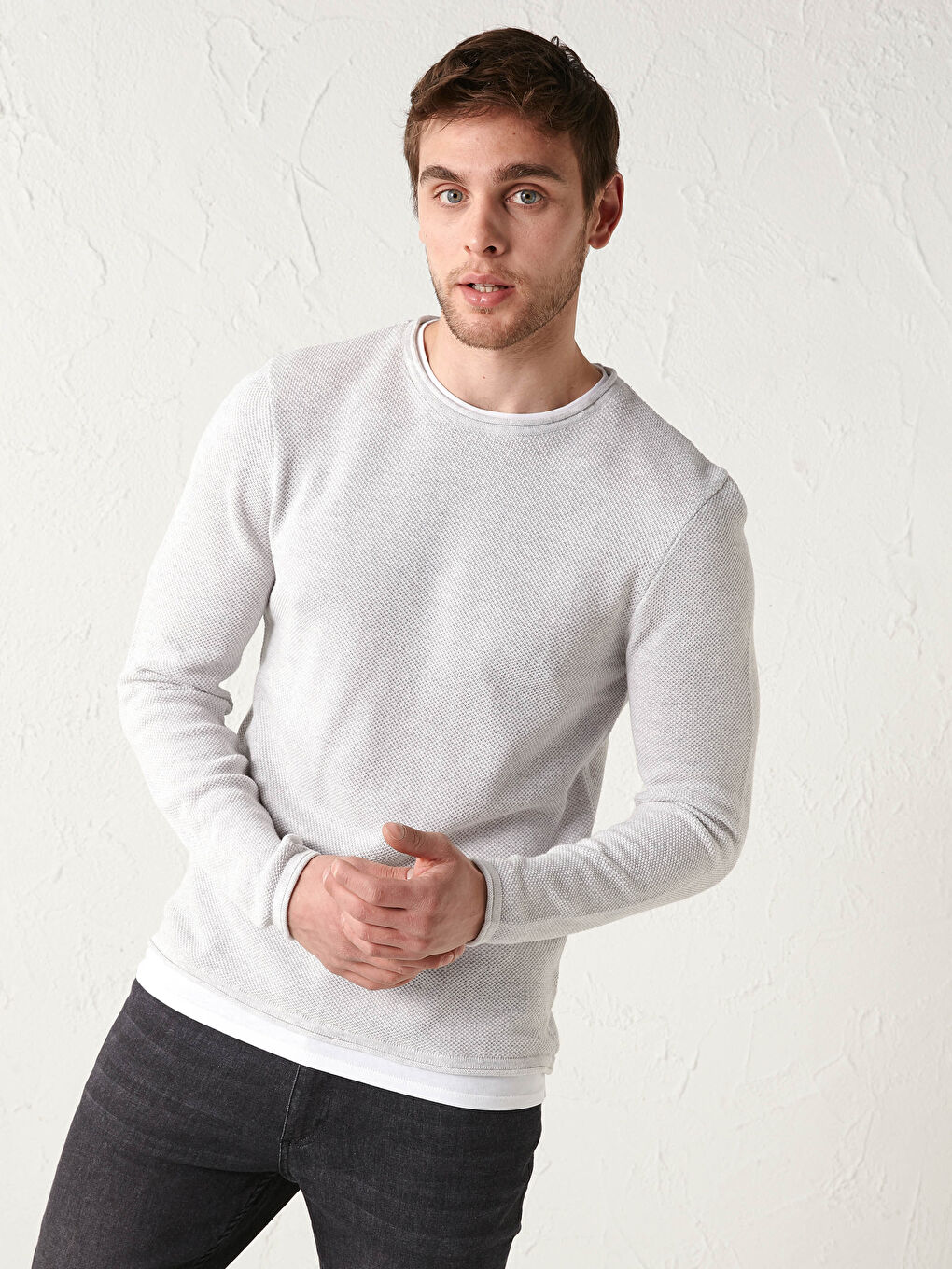 Beyaz Bisiklet Yaka Uzun Kollu İnce Erkek Triko Kazak