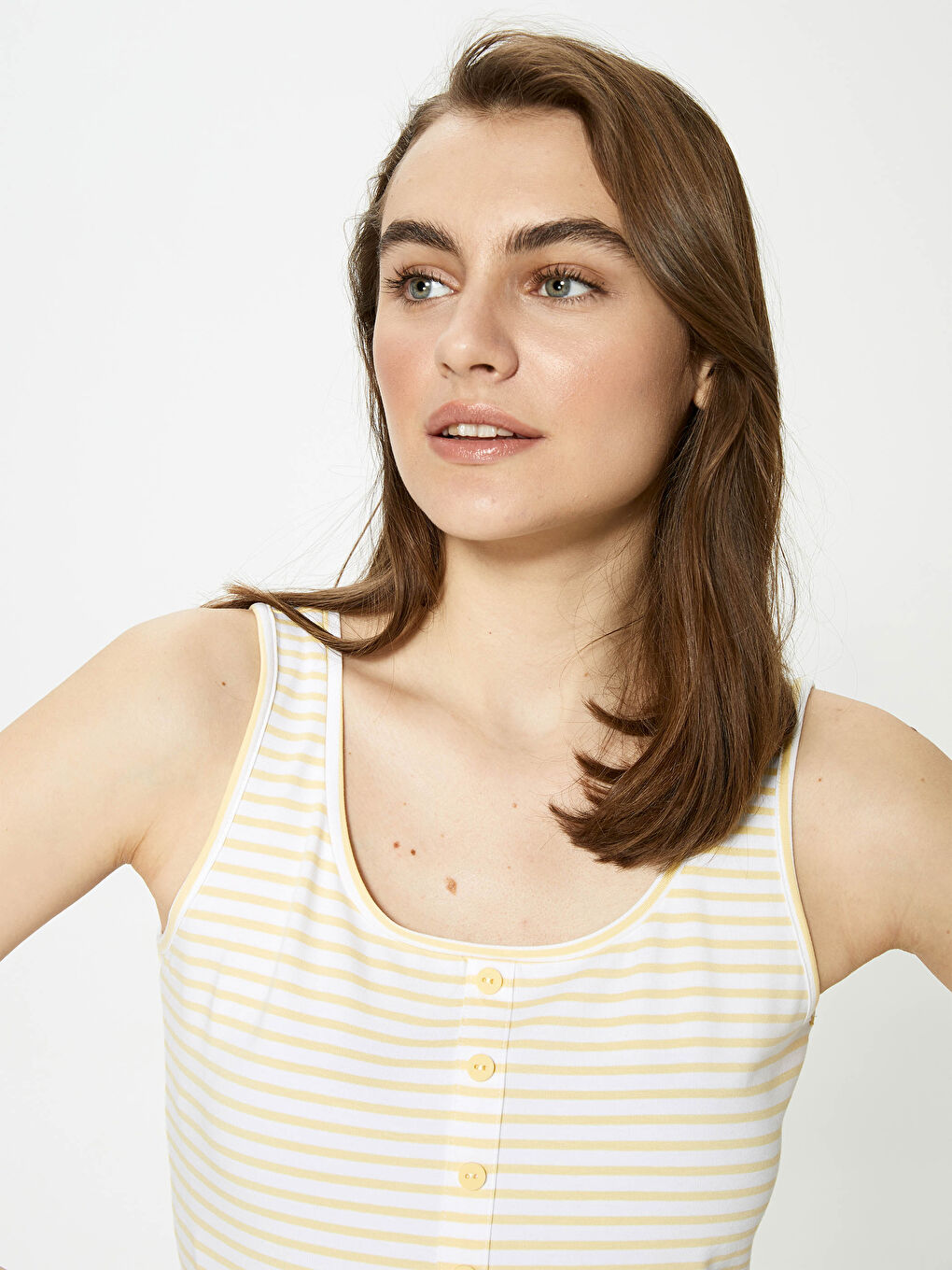 Line Patterned Button Detailed Female Athlete With U Neck Strap-2