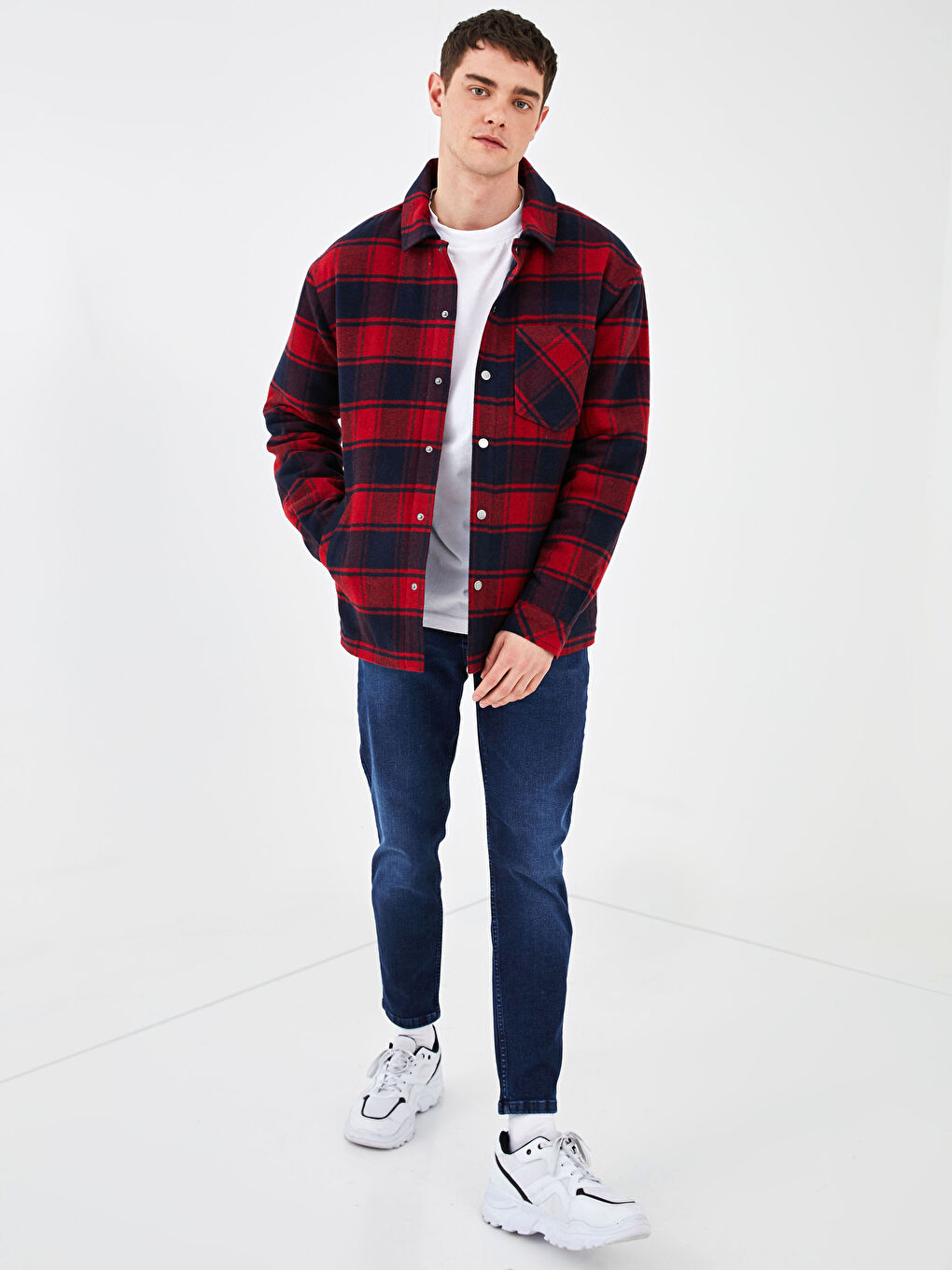 Kırmızı Standart Kalıp Gömlek Yaka Ekose Erkek Mont-4