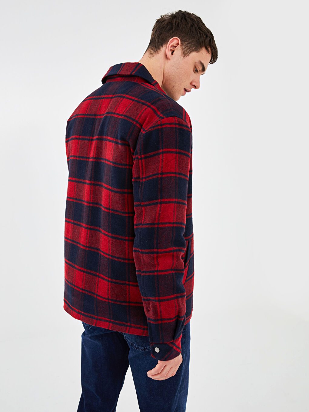 Kırmızı Standart Kalıp Gömlek Yaka Ekose Erkek Mont-5
