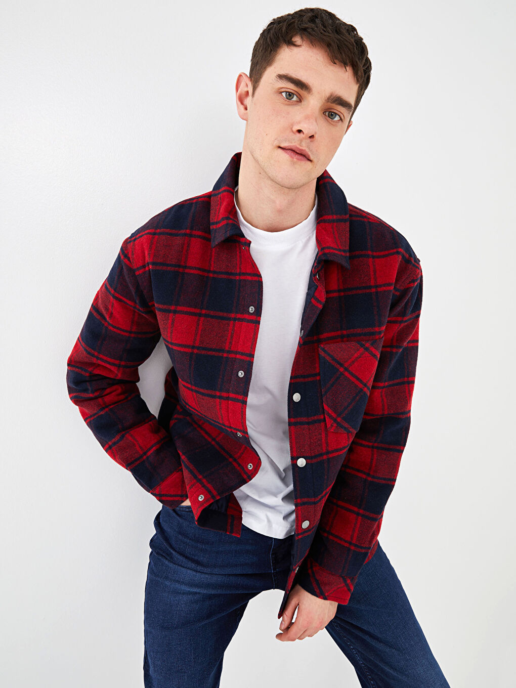 Kırmızı Standart Kalıp Gömlek Yaka Ekose Erkek Mont