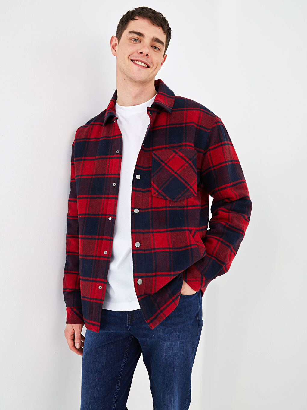 Kırmızı Standart Kalıp Gömlek Yaka Ekose Erkek Mont-2