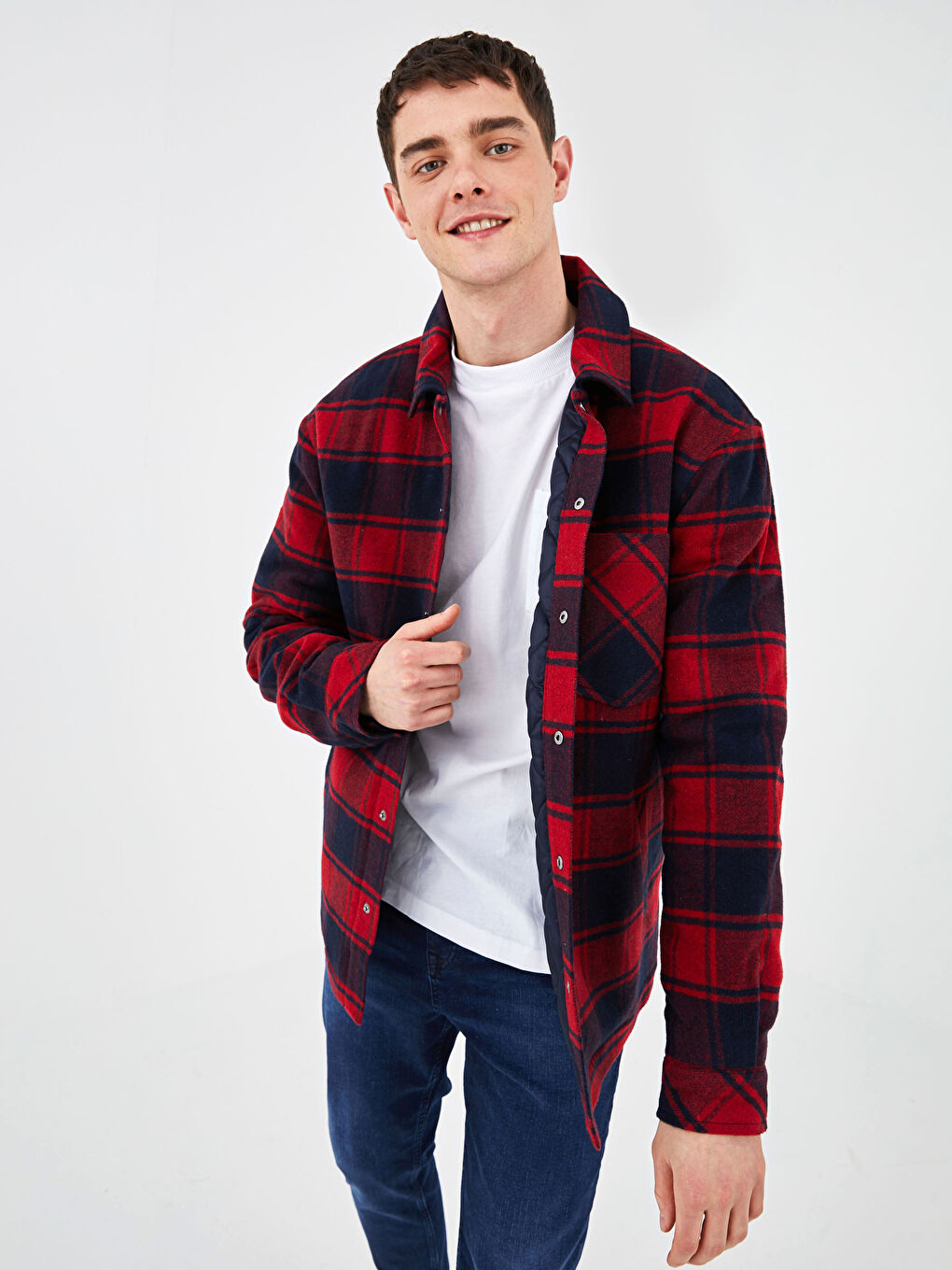 Kırmızı Standart Kalıp Gömlek Yaka Ekose Erkek Mont-1