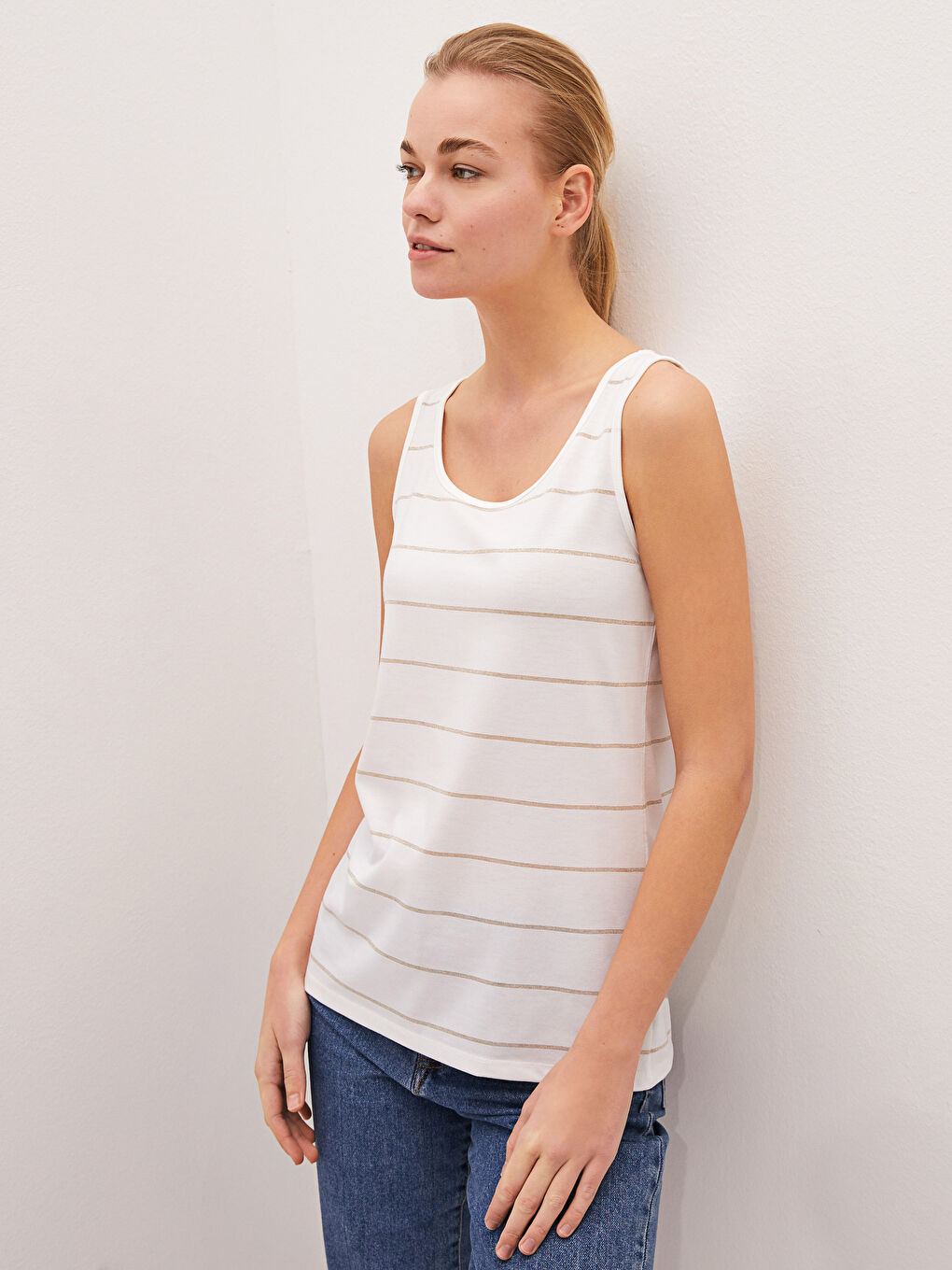 Sarı U Yaka Çizgili Askılı Kadın Atlet-1