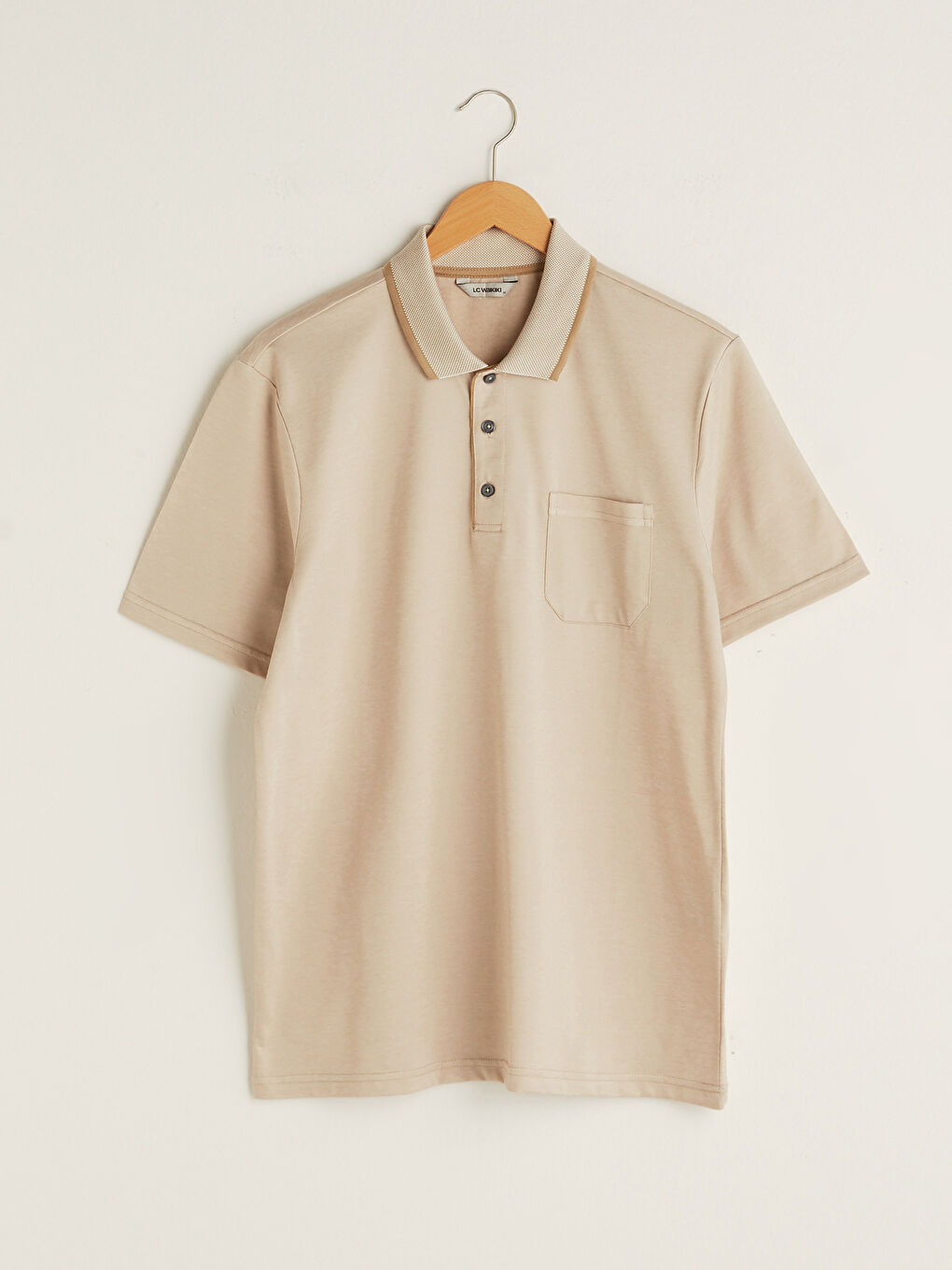 Bej Merserize Polo Yaka Kısa Kollu Desenli Erkek Tişört-5