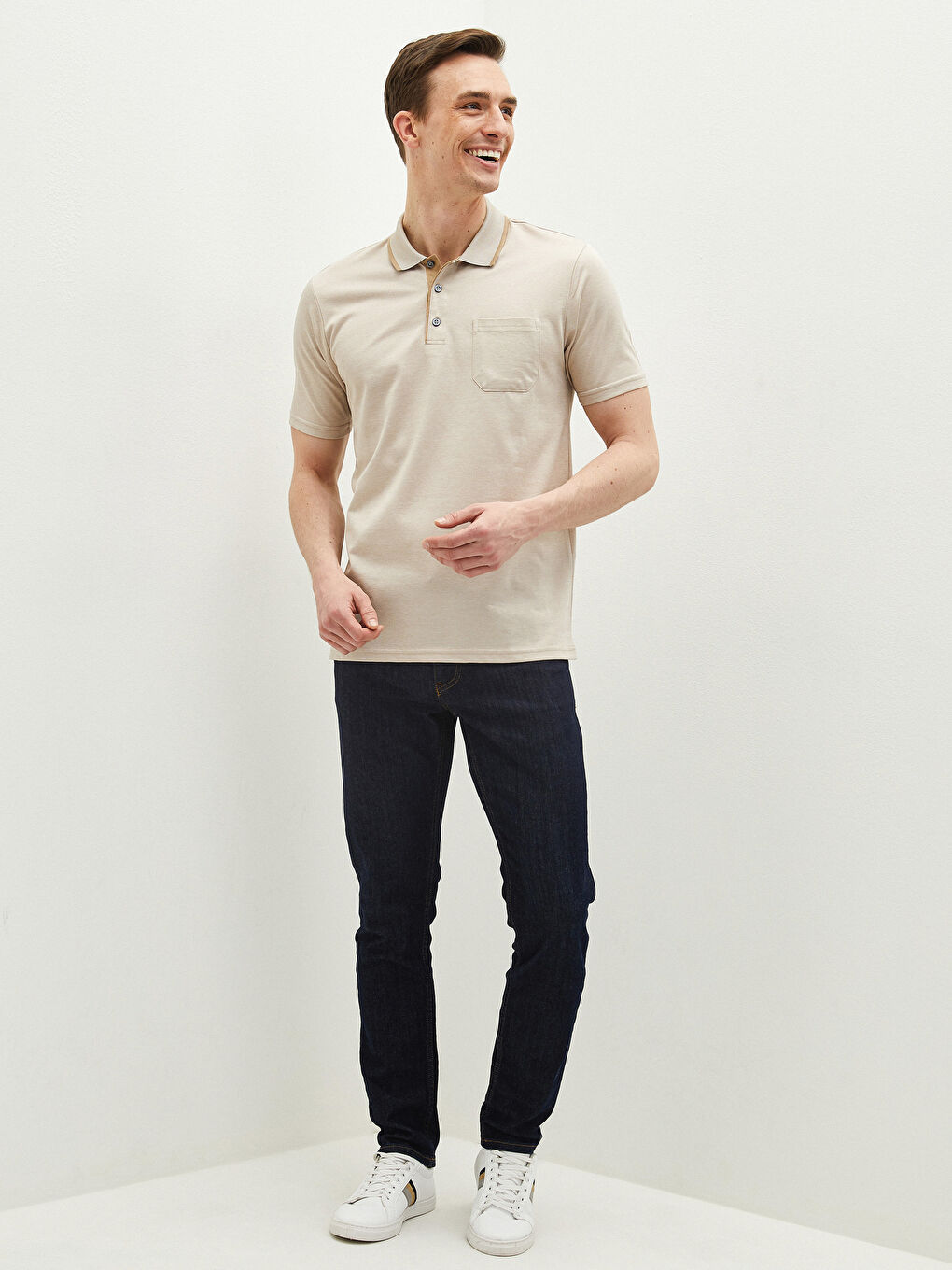 Bej Merserize Polo Yaka Kısa Kollu Desenli Erkek Tişört-2