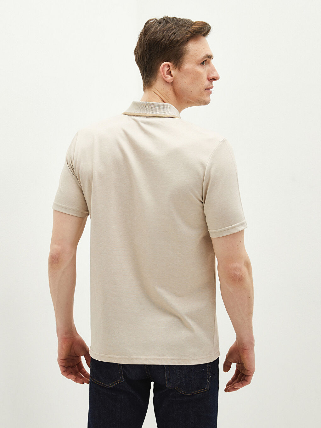 Bej Merserize Polo Yaka Kısa Kollu Desenli Erkek Tişört-3