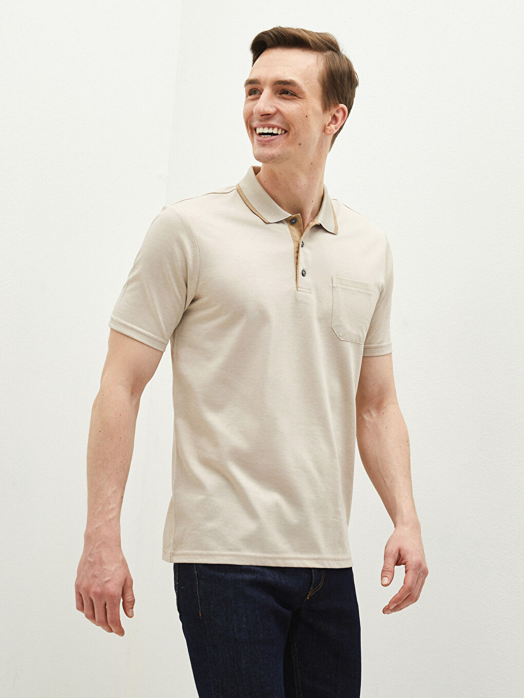Bej Merserize Polo Yaka Kısa Kollu Desenli Erkek Tişört