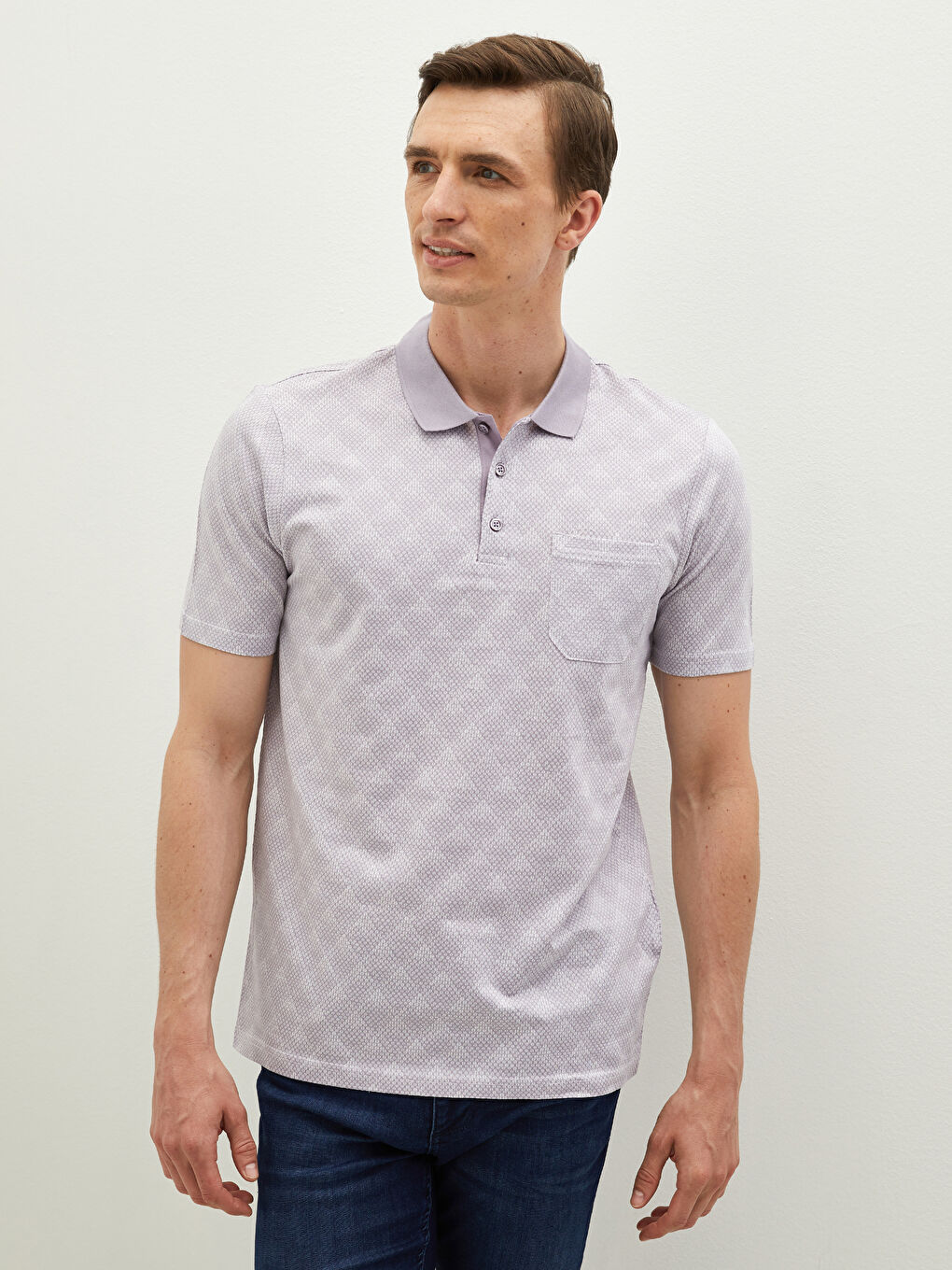 Lila Merserize Polo Yaka Kısa Kollu Desenli Erkek Tişört-1