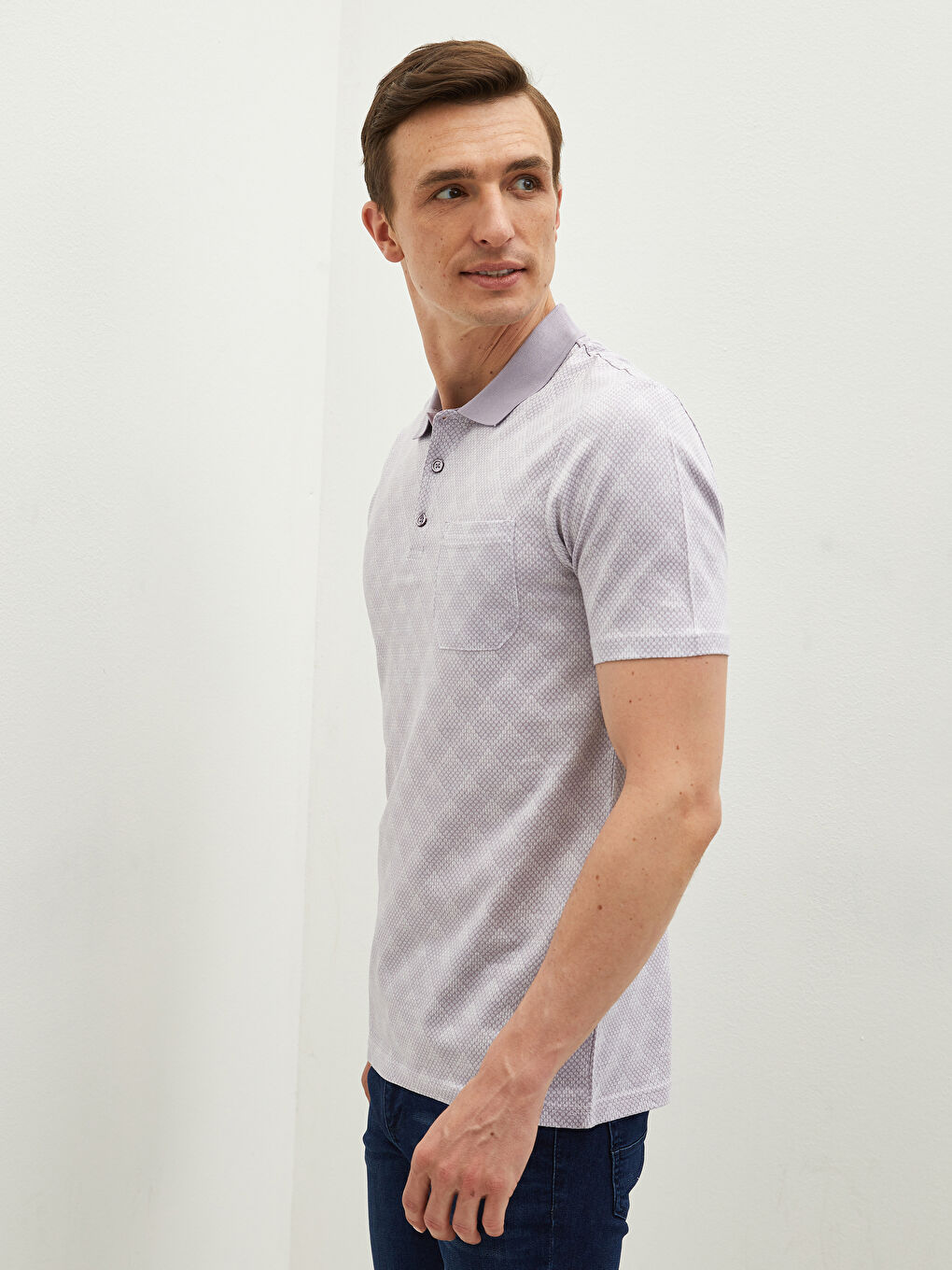 Lila Merserize Polo Yaka Kısa Kollu Desenli Erkek Tişört-2