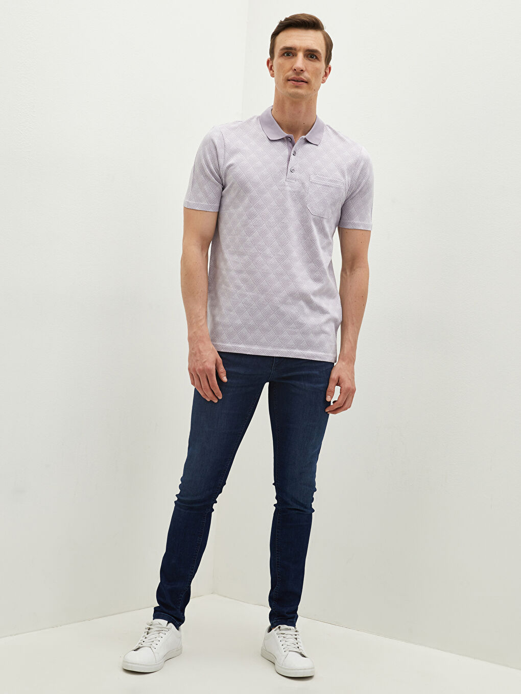 Lila Merserize Polo Yaka Kısa Kollu Desenli Erkek Tişört-4