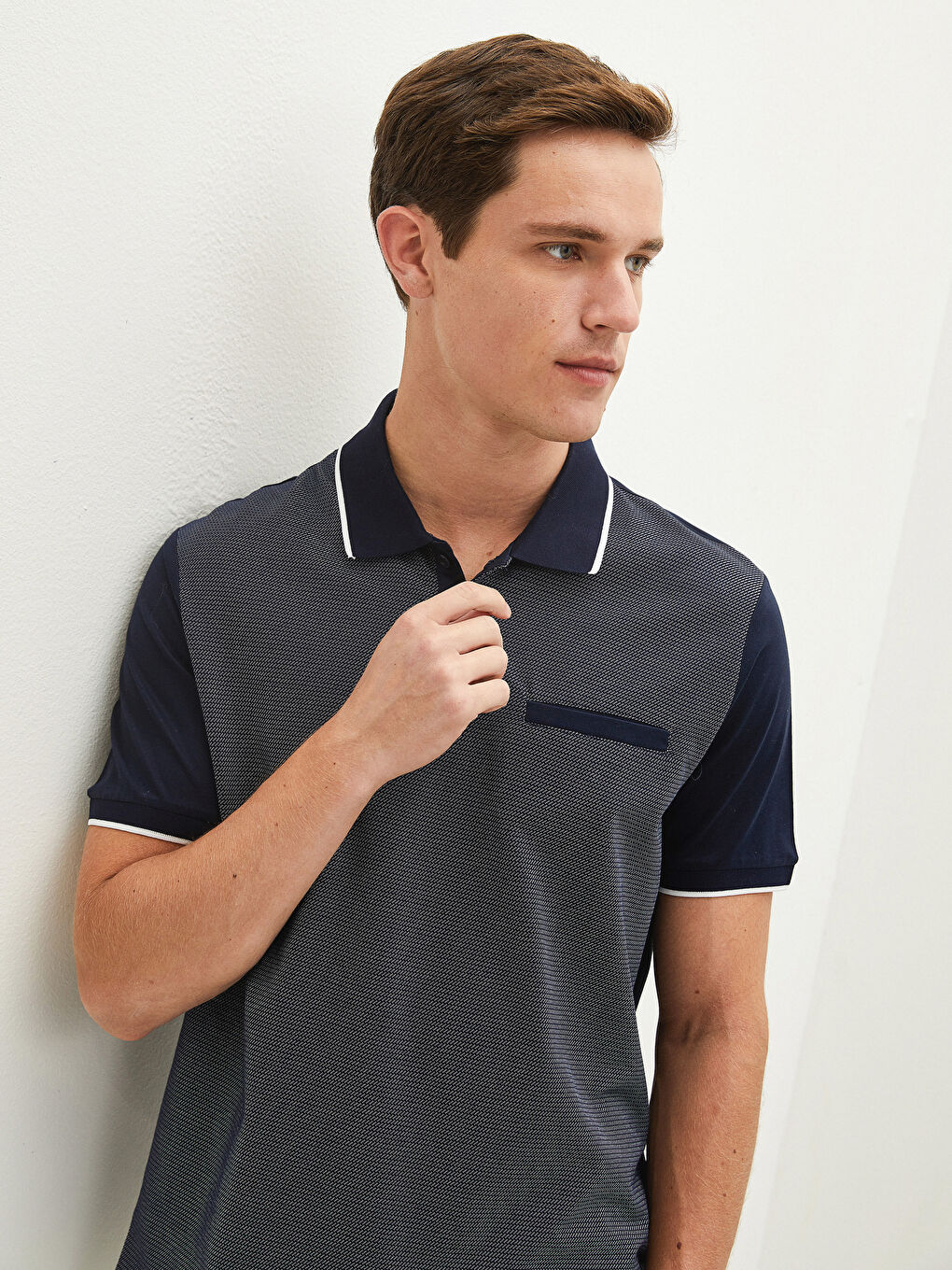 Lacivert Merserize Polo Yaka Kısa Kollu Desenli Erkek Tişört-1