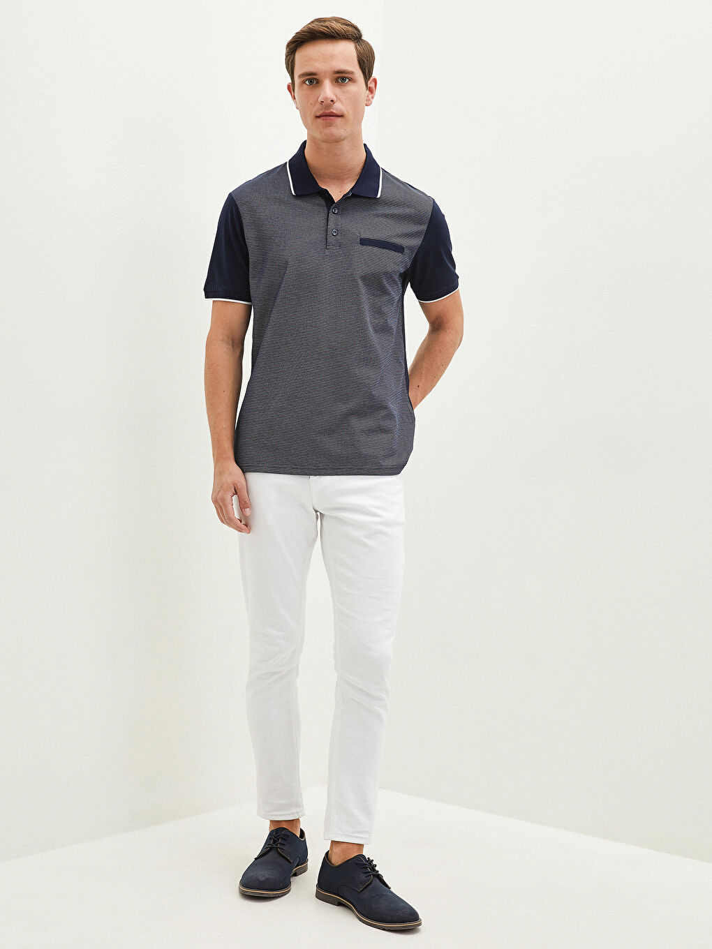 Lacivert Merserize Polo Yaka Kısa Kollu Desenli Erkek Tişört-2