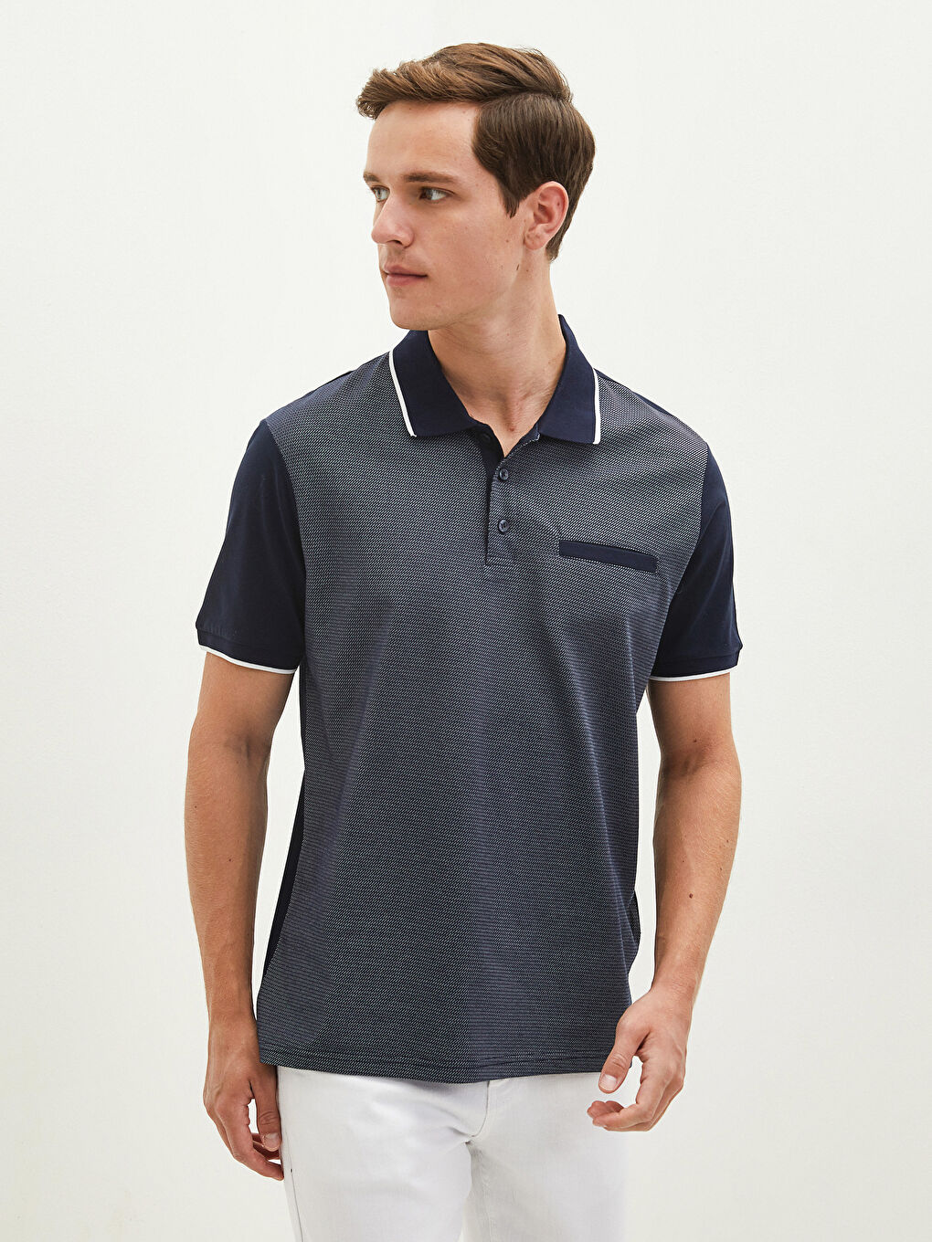 Lacivert Merserize Polo Yaka Kısa Kollu Desenli Erkek Tişört-4