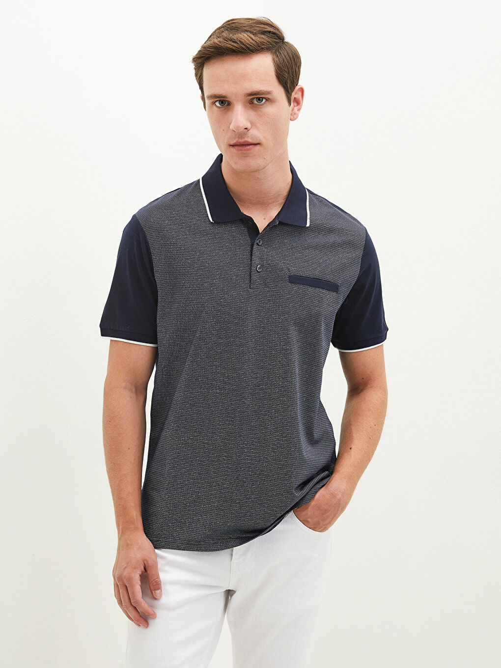 Lacivert Merserize Polo Yaka Kısa Kollu Desenli Erkek Tişört
