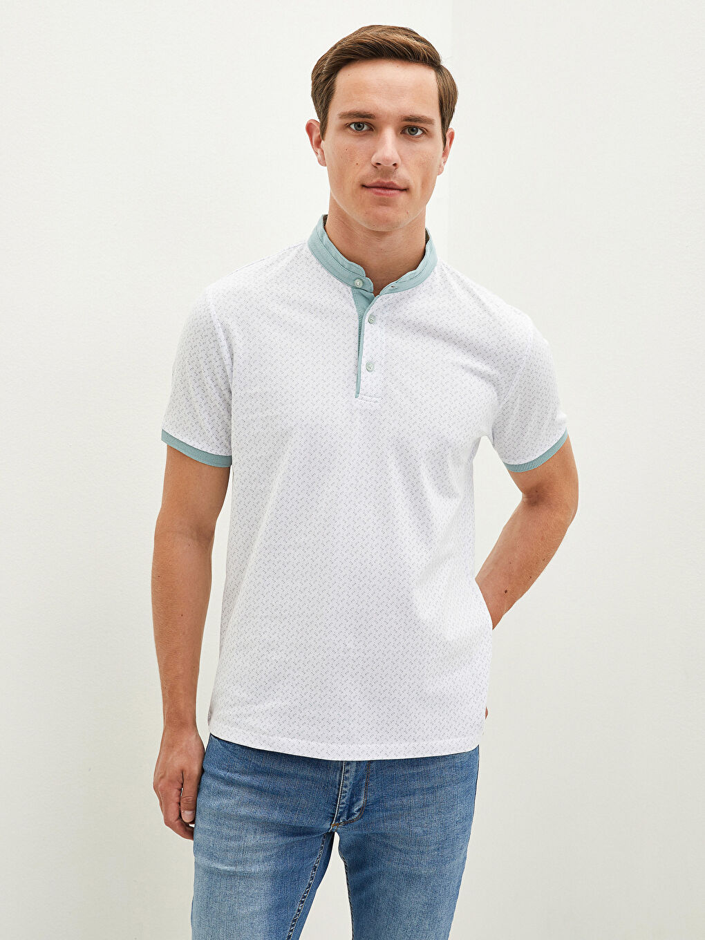 Yeşil Hakim Yaka Kısa Kollu Desenli Erkek Tişört-4