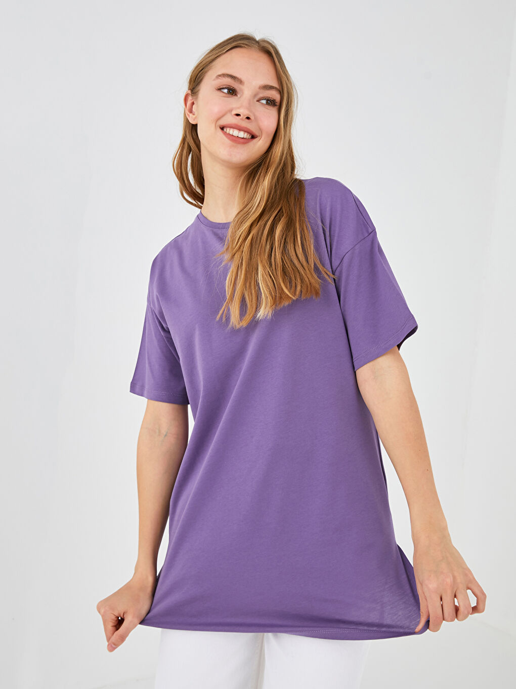 Mor Bisiklet Yaka Düz Kısa Kollu Pamuklu Kadın Tişört