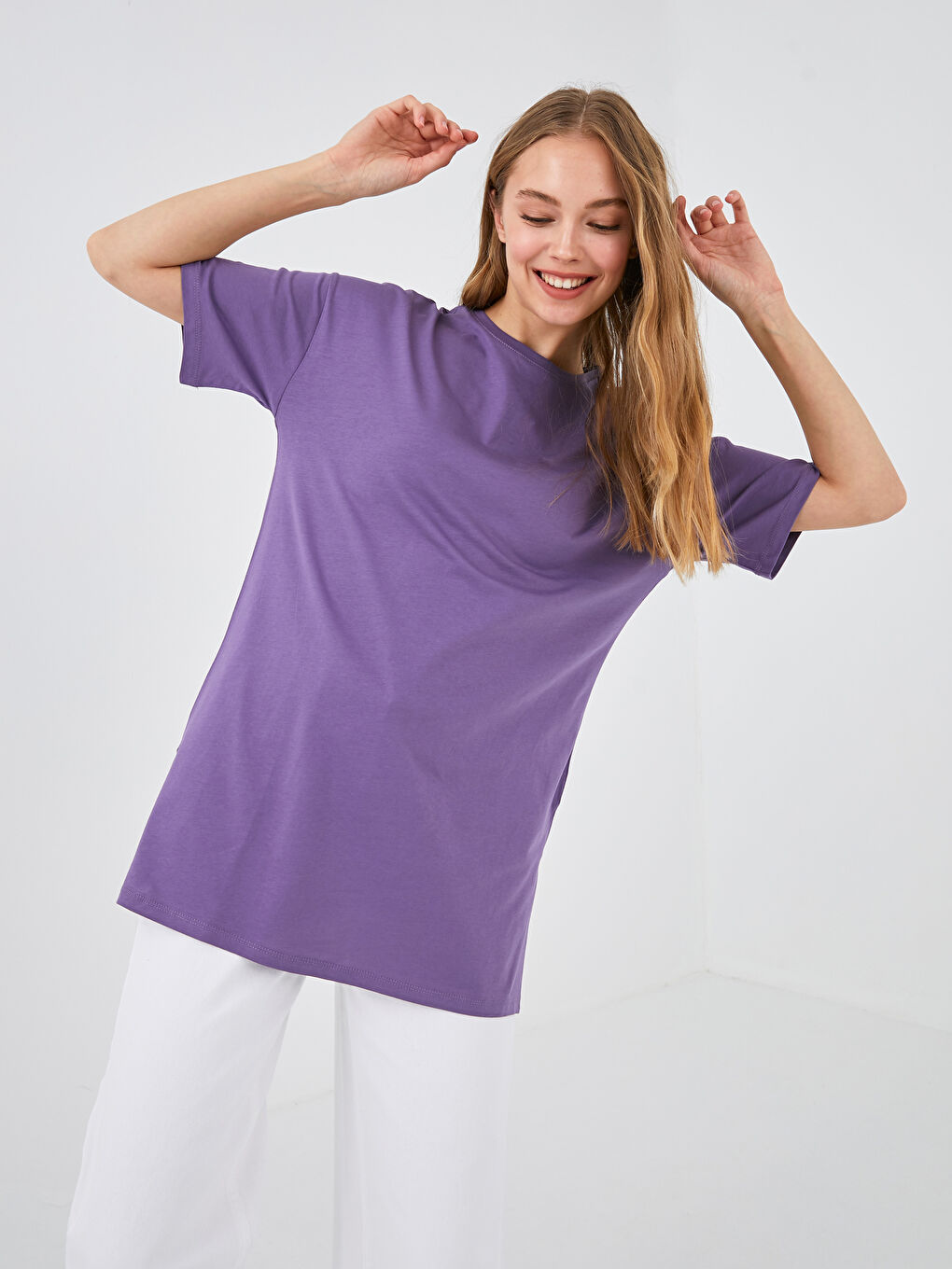 Mor Bisiklet Yaka Düz Kısa Kollu Pamuklu Kadın Tişört-1