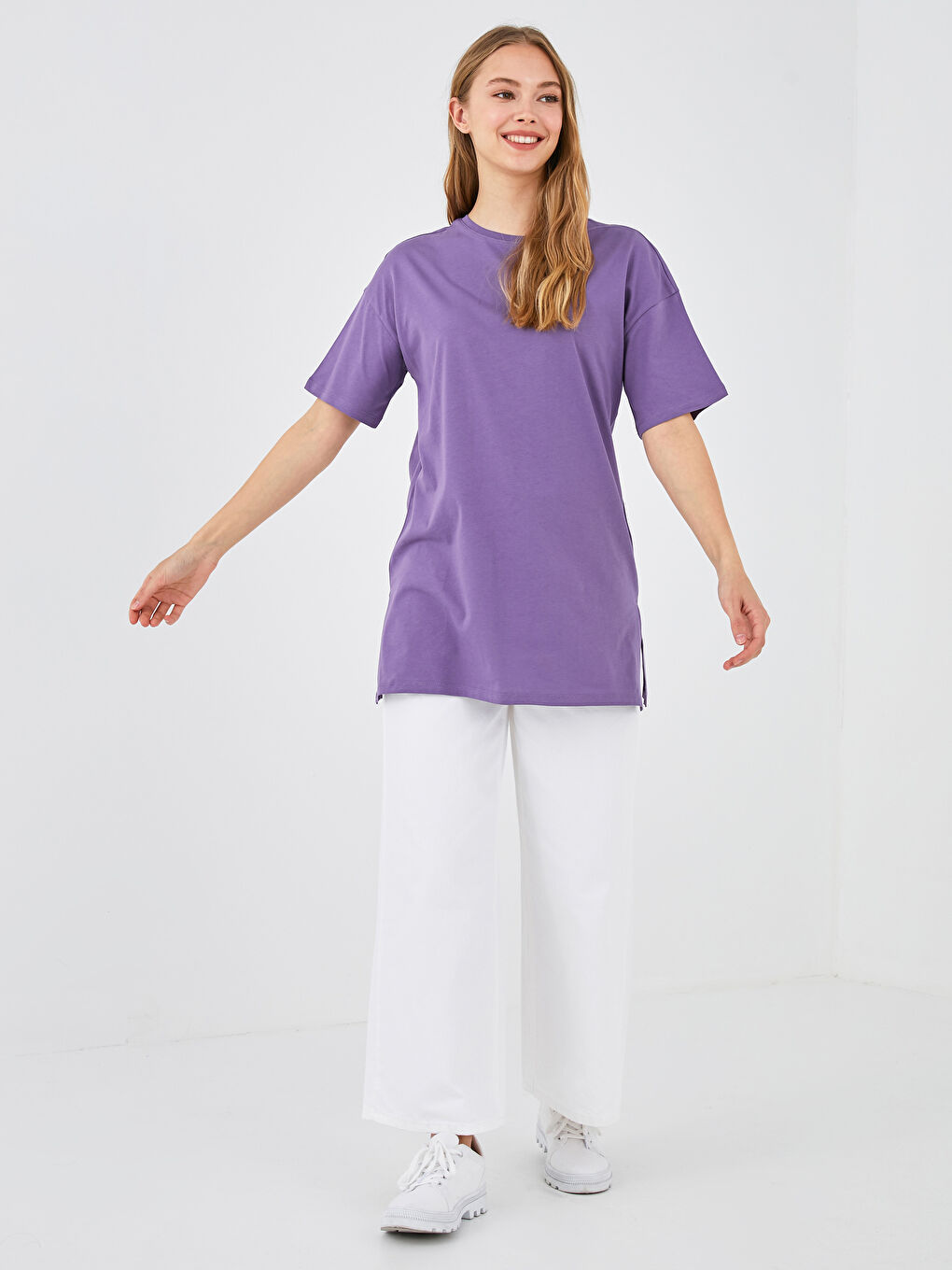 Mor Bisiklet Yaka Düz Kısa Kollu Pamuklu Kadın Tişört-3