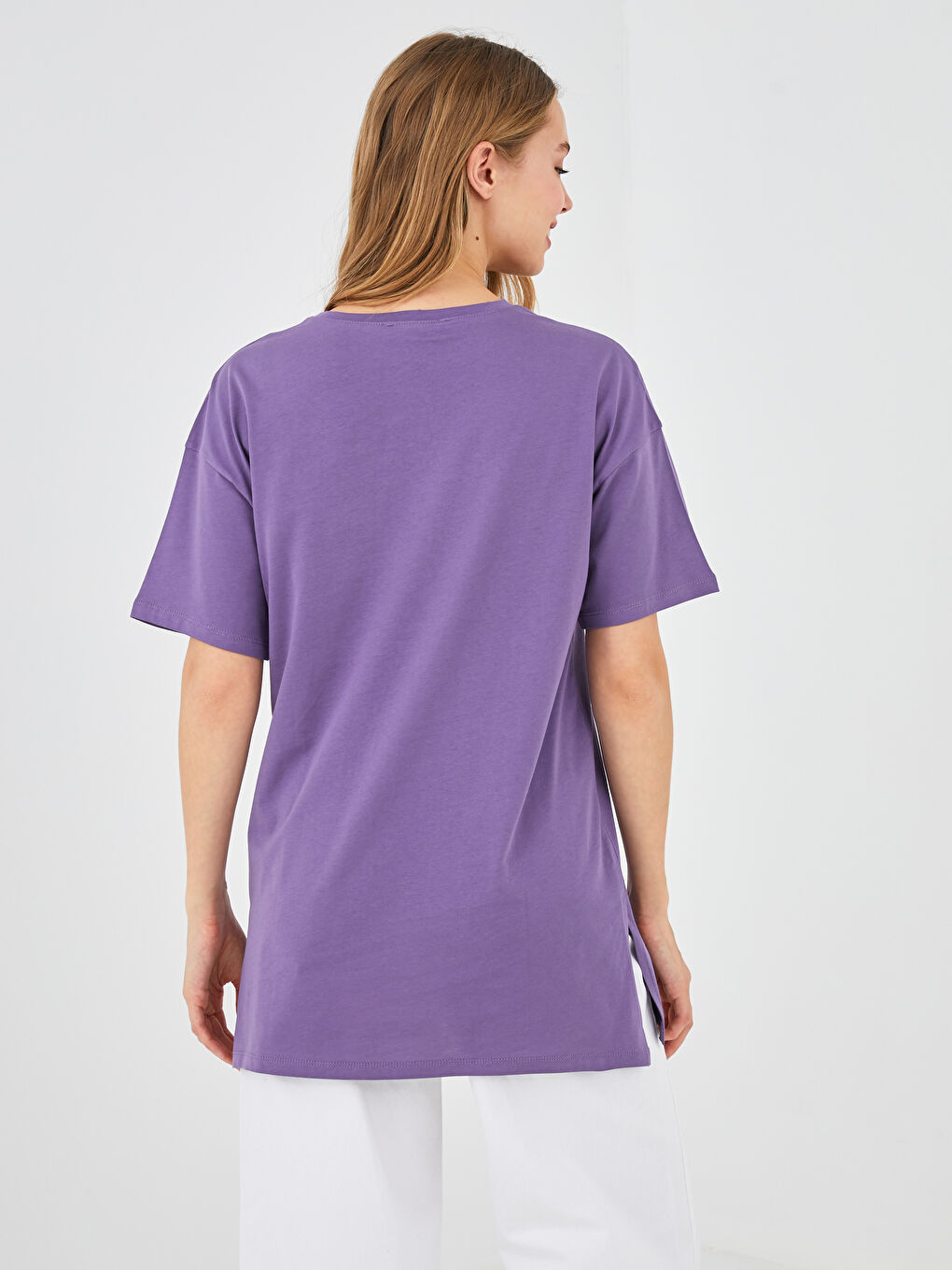 Mor Bisiklet Yaka Düz Kısa Kollu Pamuklu Kadın Tişört-4