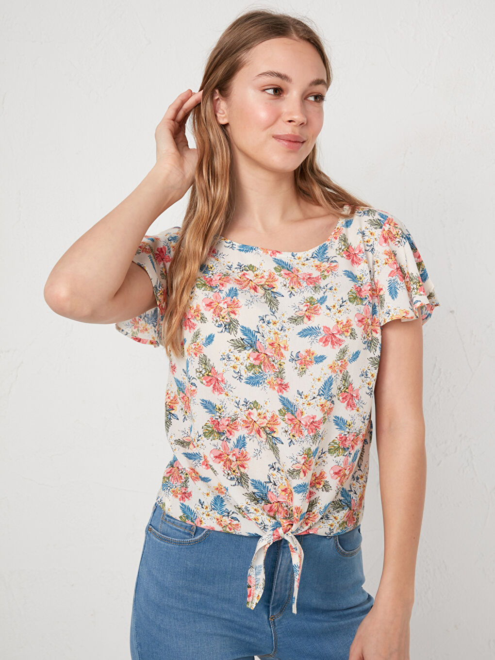 Crew Neck Floral Printed Short Sleeve Viscose Women's Blouse