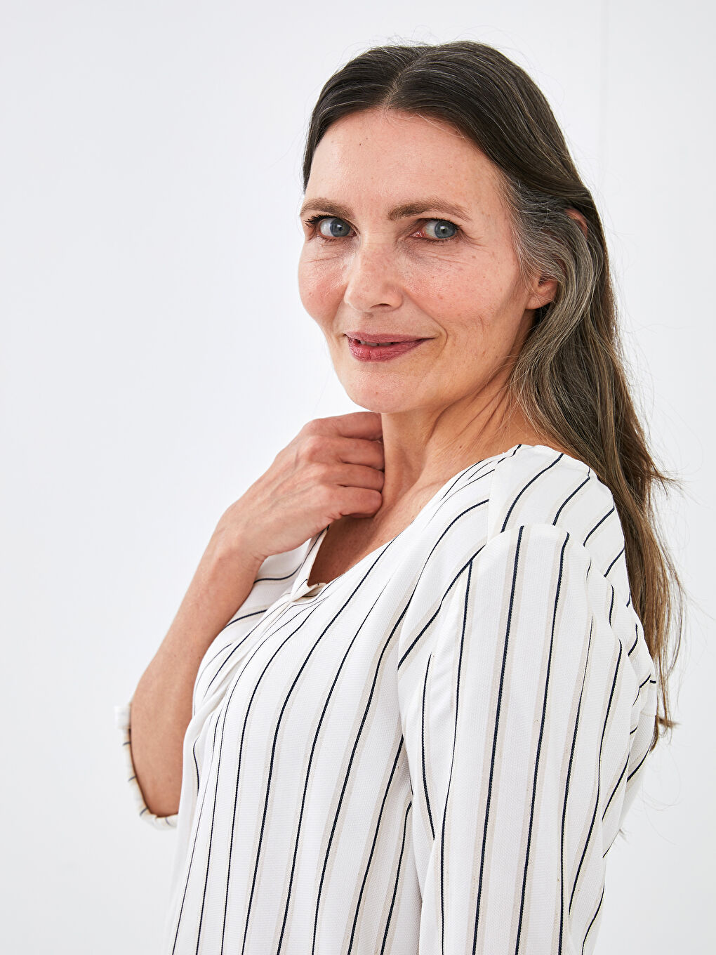 V Neck Striped Dobby Woman Blouse-1