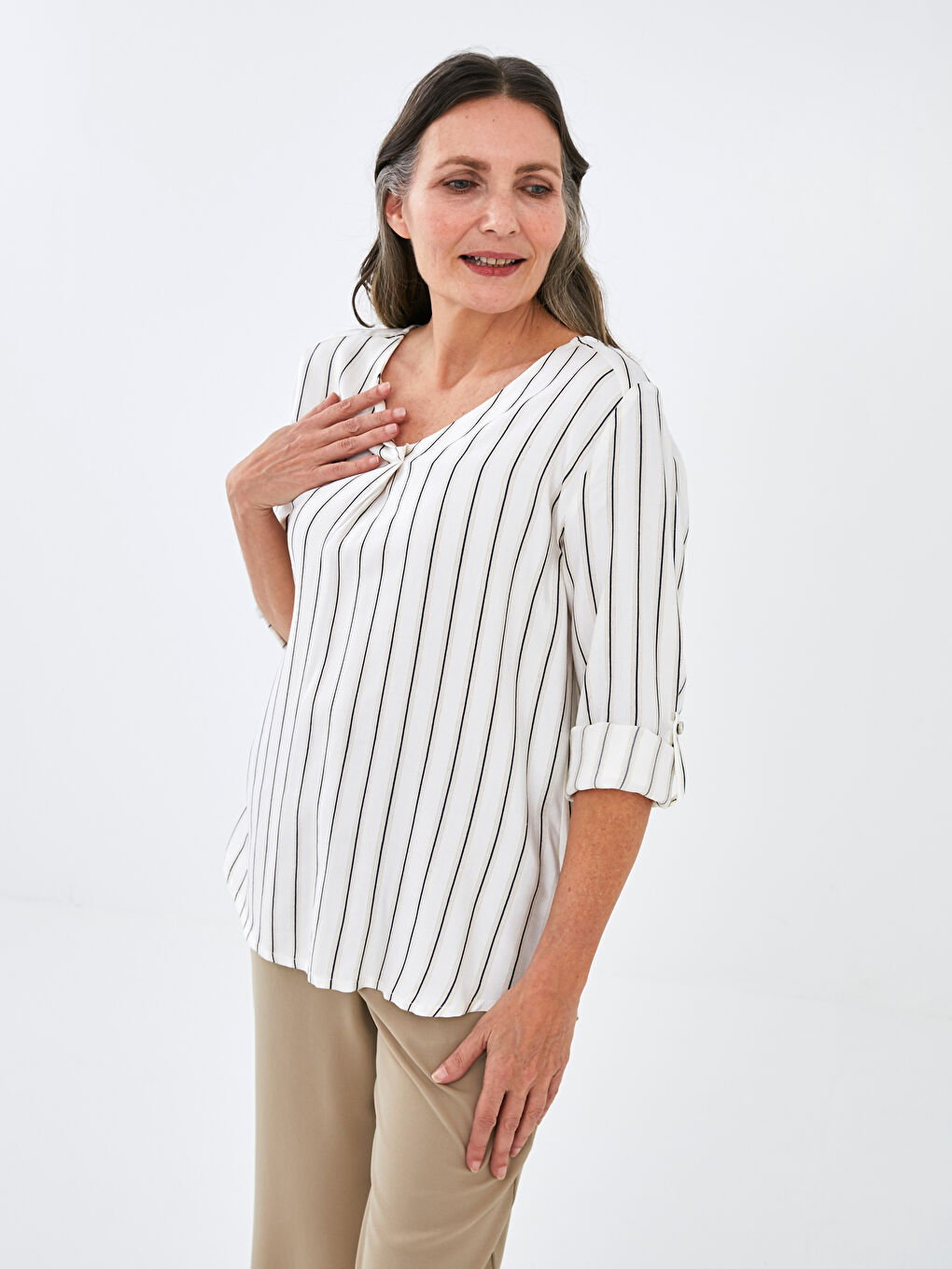 V Neck Striped Dobby Woman Blouse-4