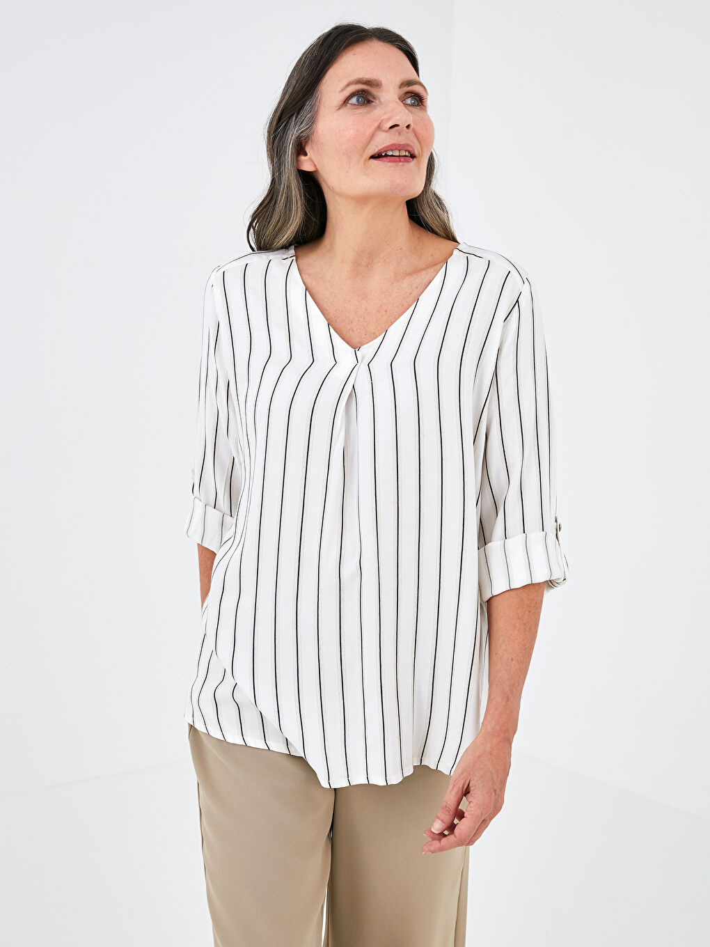 V Neck Striped Dobby Woman Blouse