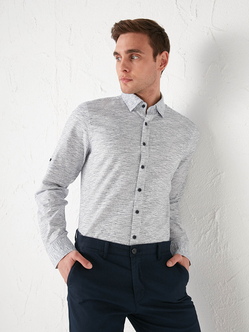 Lacivert Slim Fit Uzun Kollu Pamuklu Erkek Gömlek