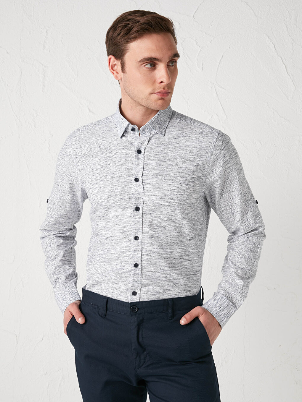 Lacivert Slim Fit Uzun Kollu Pamuklu Erkek Gömlek-1